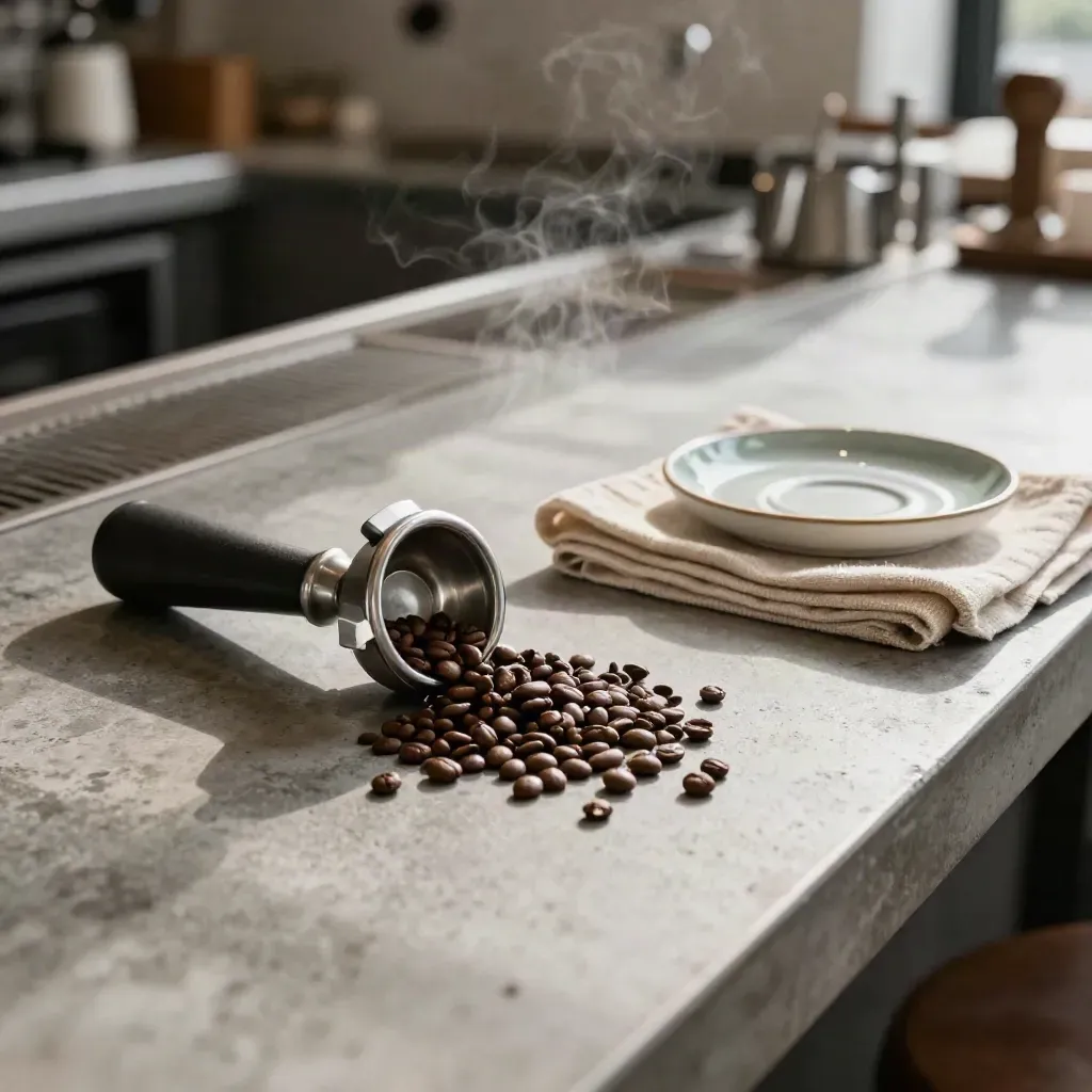 Espresso-Tamper, Siebträgerkorb und Bohnen auf Beton mit warmem Dampf.
