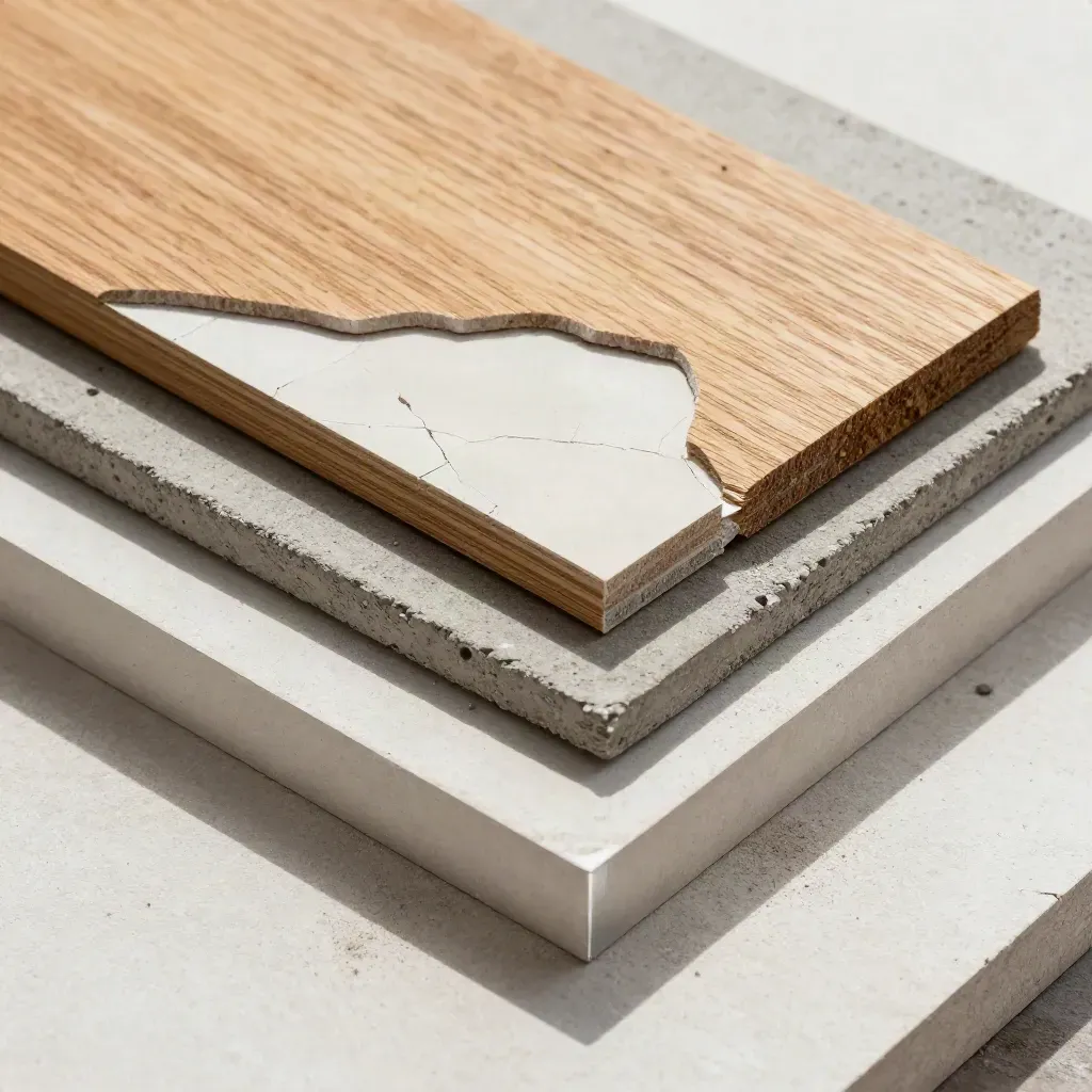 Nahaufnahme von Holzfurnier, Putz und Beton auf einer hellen Baustoffprobe.