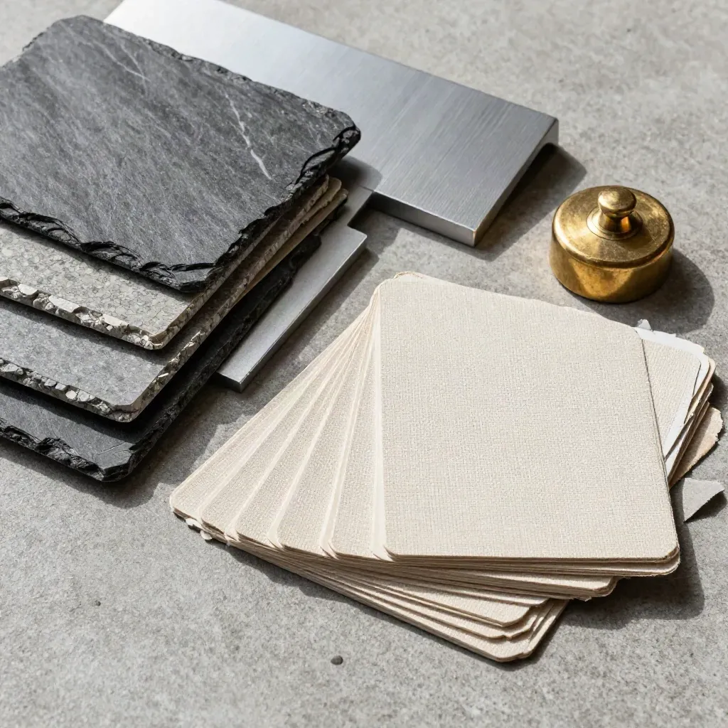 Stein-, Aluminium- und Stoffmuster mit Messinggewicht auf Beton.