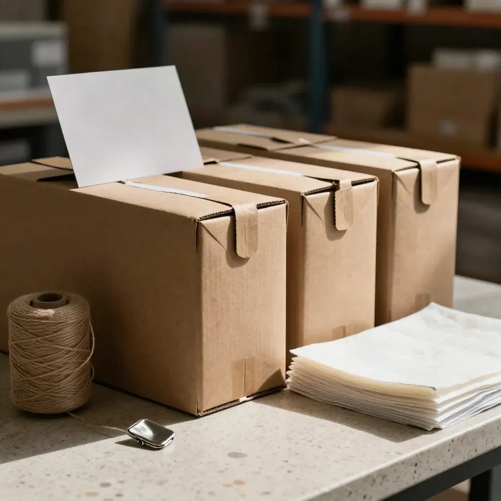 Kraftkartons, Kordel, Stahlclips und Polsterpapier auf hellem Travertin im Lager.