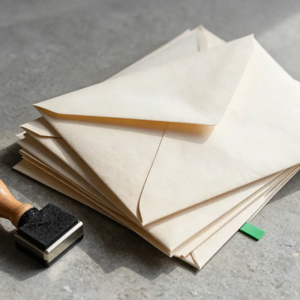 Makro von Briefstapel, Stempelkissen und Metallclip auf Stein mit grünem Akzent