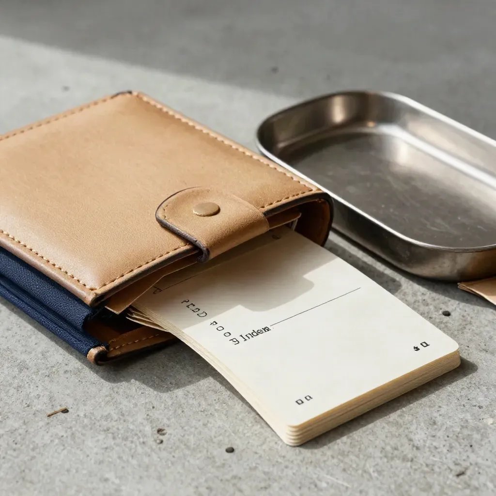 Archiv-Wallet mit Karten, Münzschale und Umschlägen auf grauem Beton.