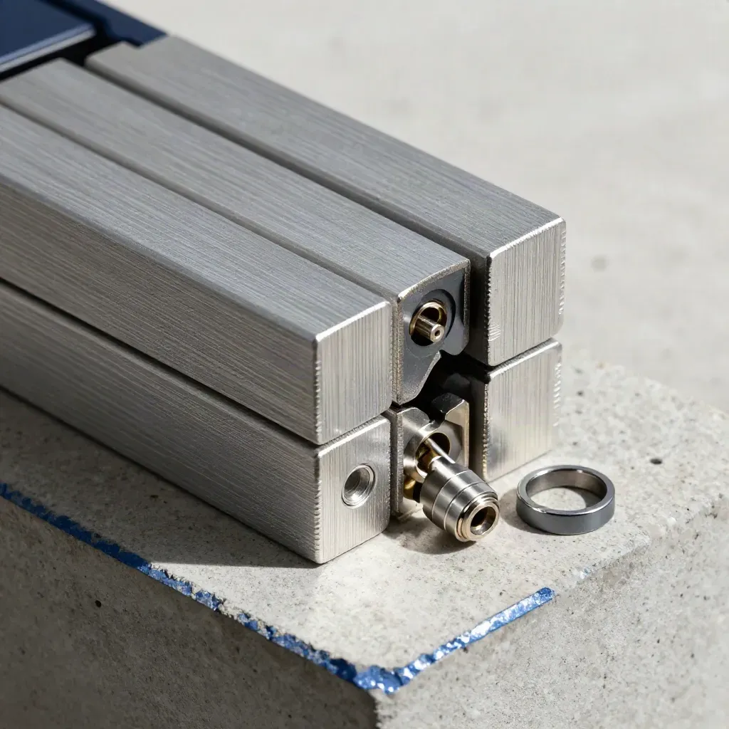 Aluminiumblöcke mit Verbindungspins und Ringcollar in dramatischem Studio-Licht.